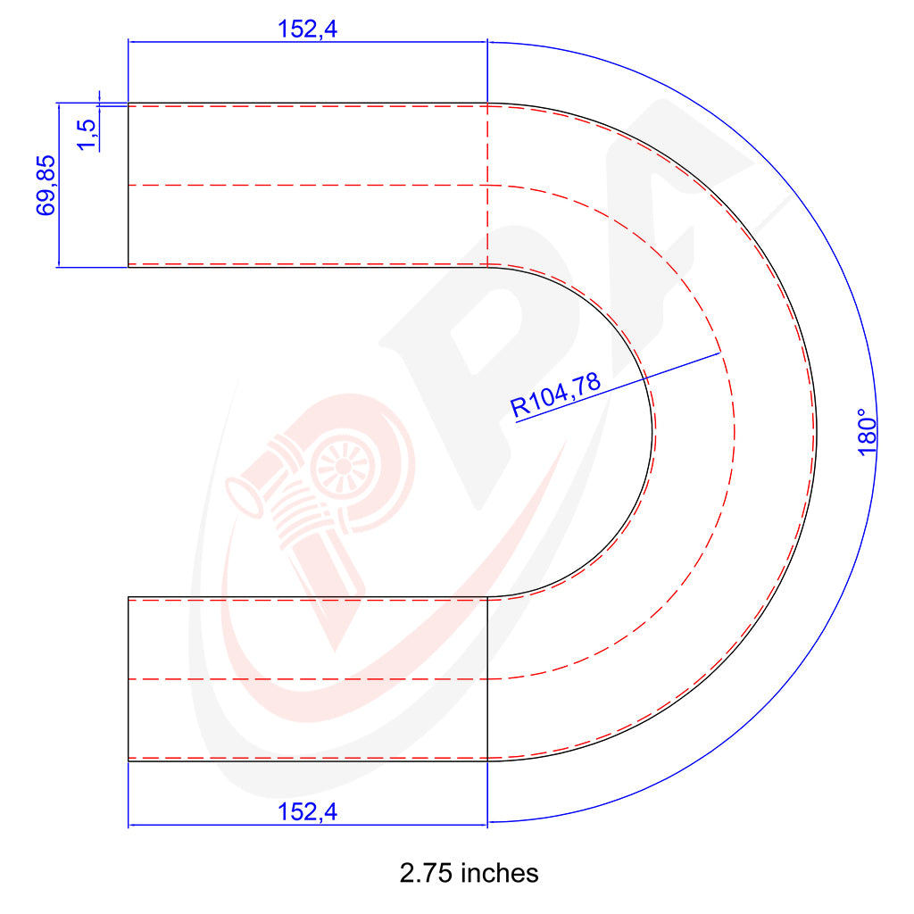 180 Degree 2.75 inches 69.85mm 1.5D Mandrel Exhaust Bend