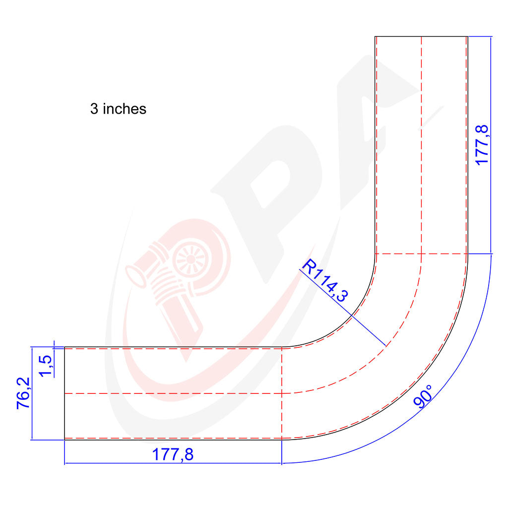 90 Degree 3 inches 76.2mm 1.5D Mandrel Exhaust Bend