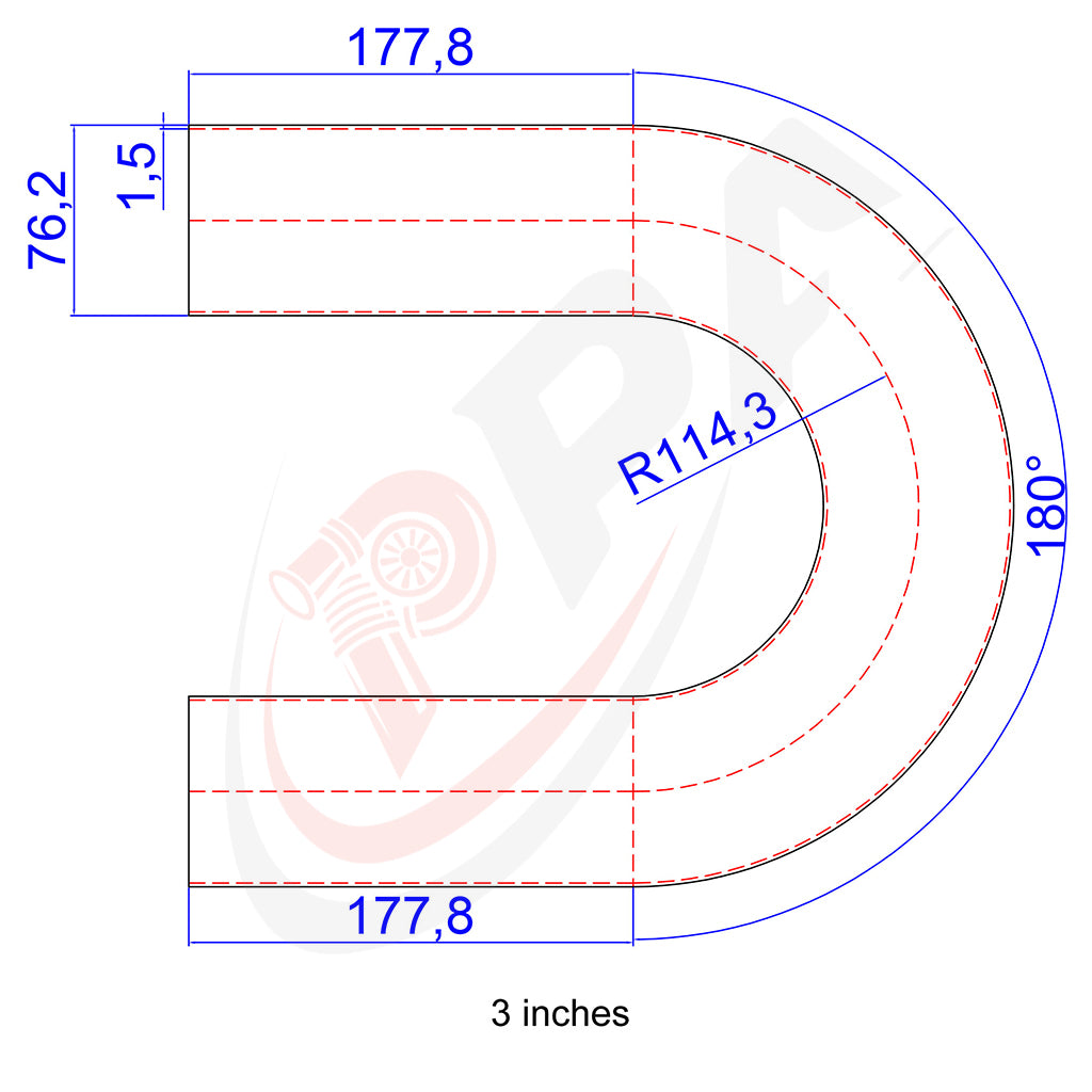 180 Degree 3 inches 76.2mm 1.5D Mandrel Exhaust Bend