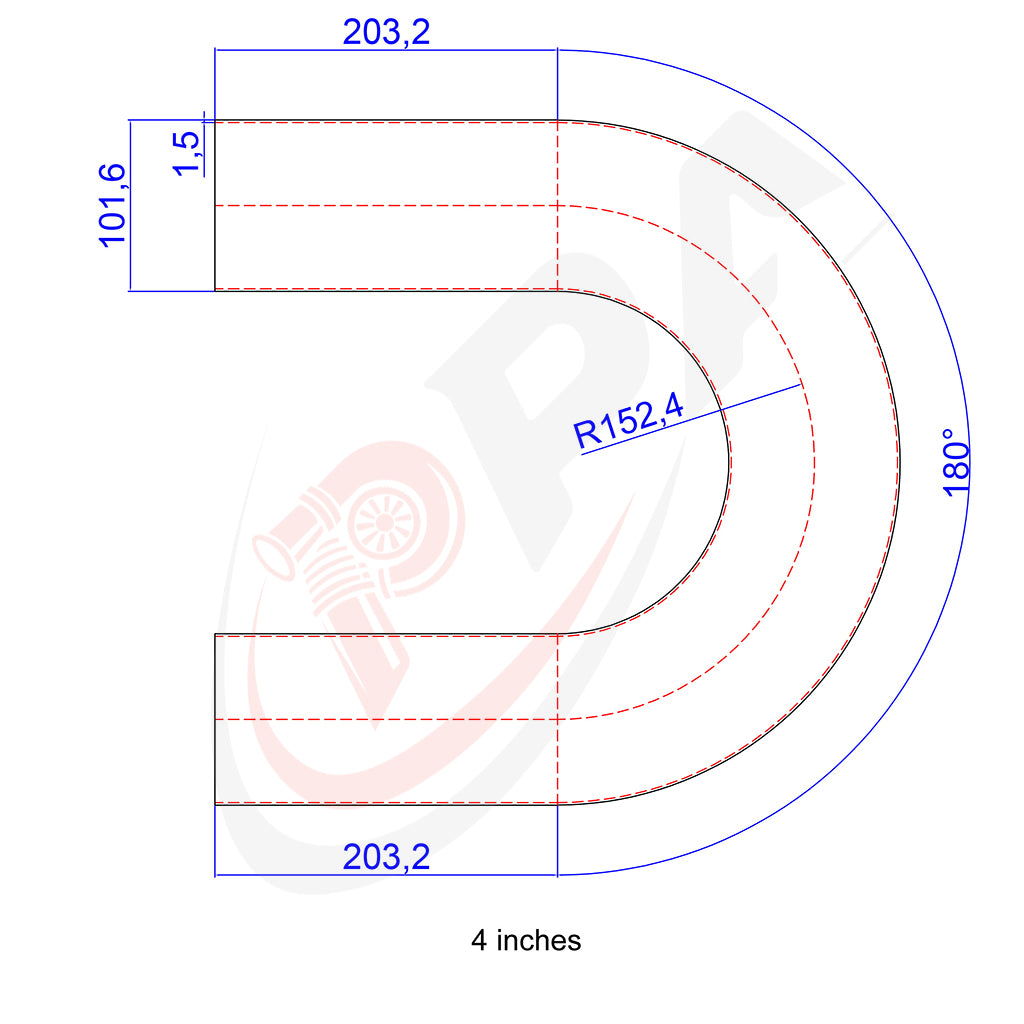 180 Degree 4 inches 101.6mm 1.5D Mandrel Exhaust Bend