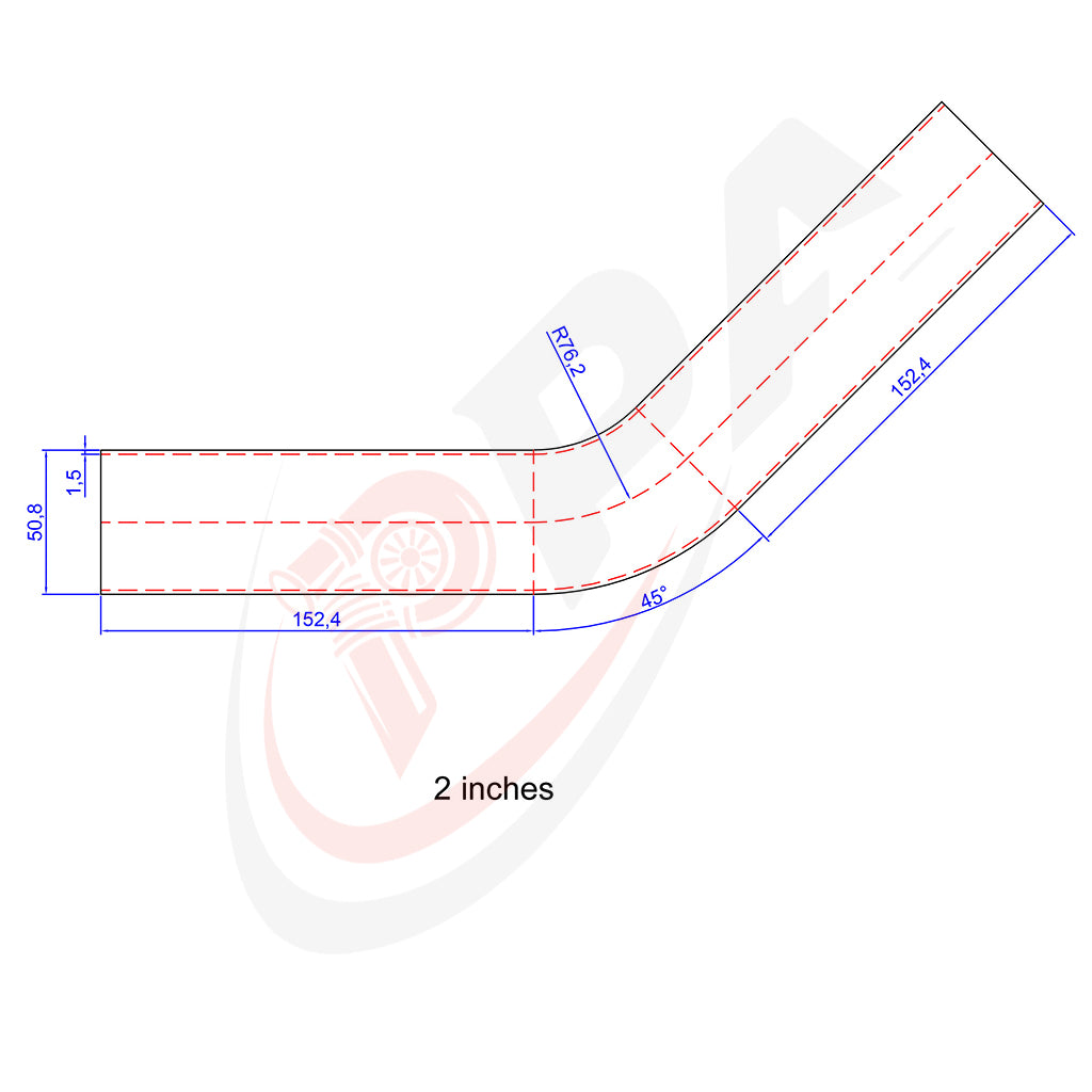 45 Degree 2 inches 50.8mm 1.5D Mandrel Exhaust Bend