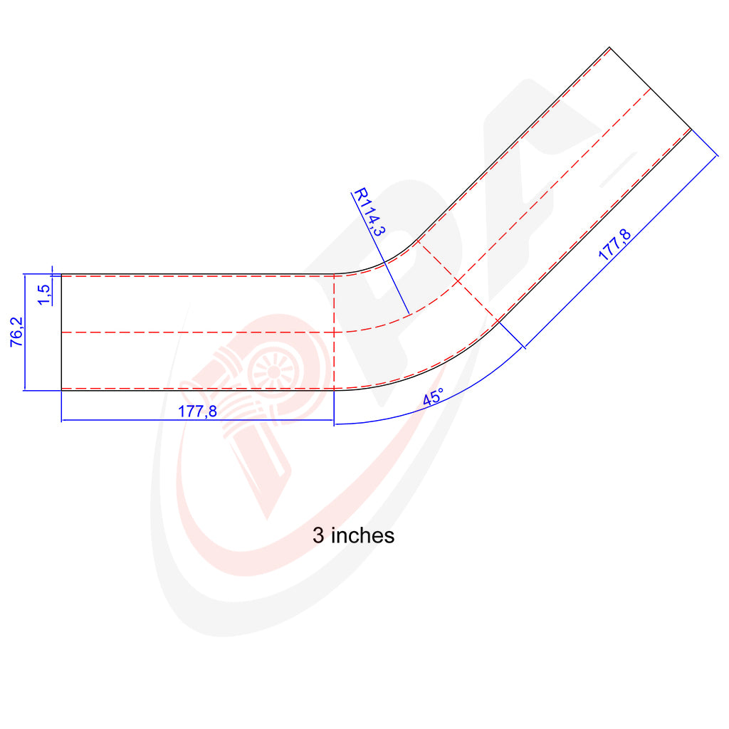 45 Degree 3 inches 76.2mm 1.5D Mandrel Exhaust Bend