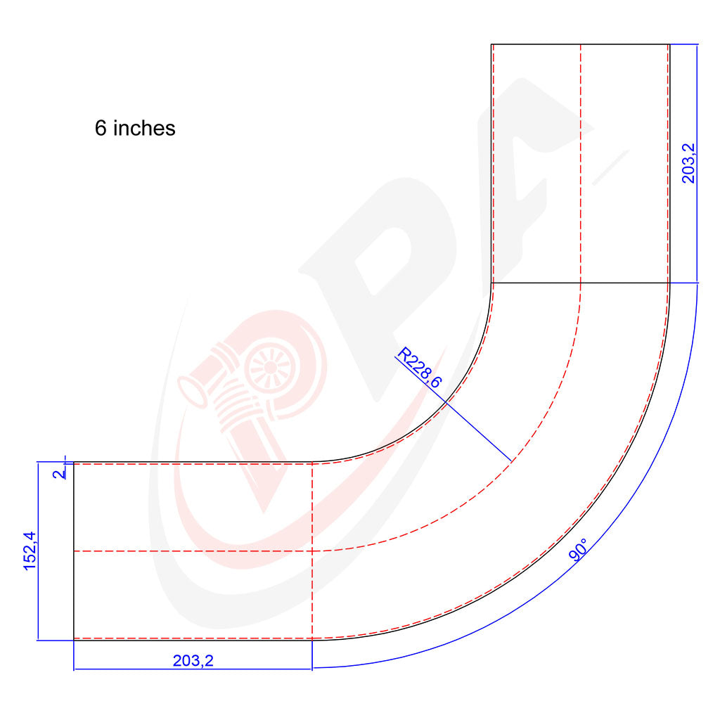 90 Degree 6 inches 152.4mm 1.5D Mandrel Exhaust Bend